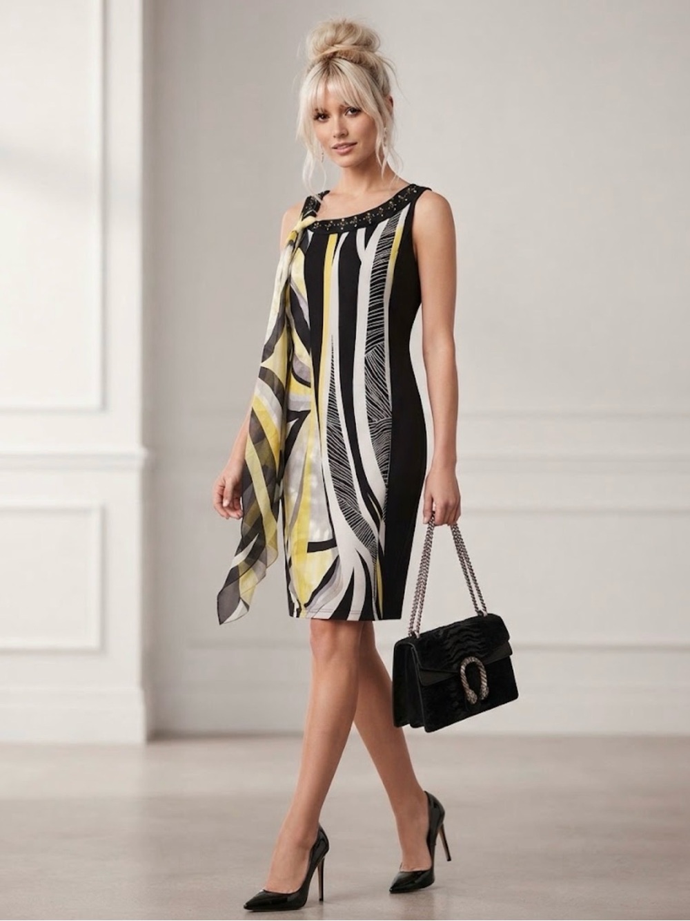 TanJay Black, Yellow and White Sleeveless Shift Dress with Scarf